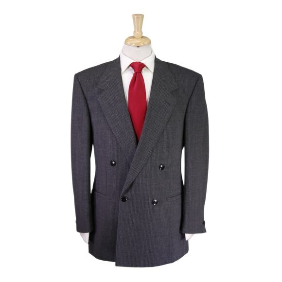 Gianni Versace Vintage 90s Gray Striped Double Breasted Wool Mohair Suit 40R - Picture 1 of 11